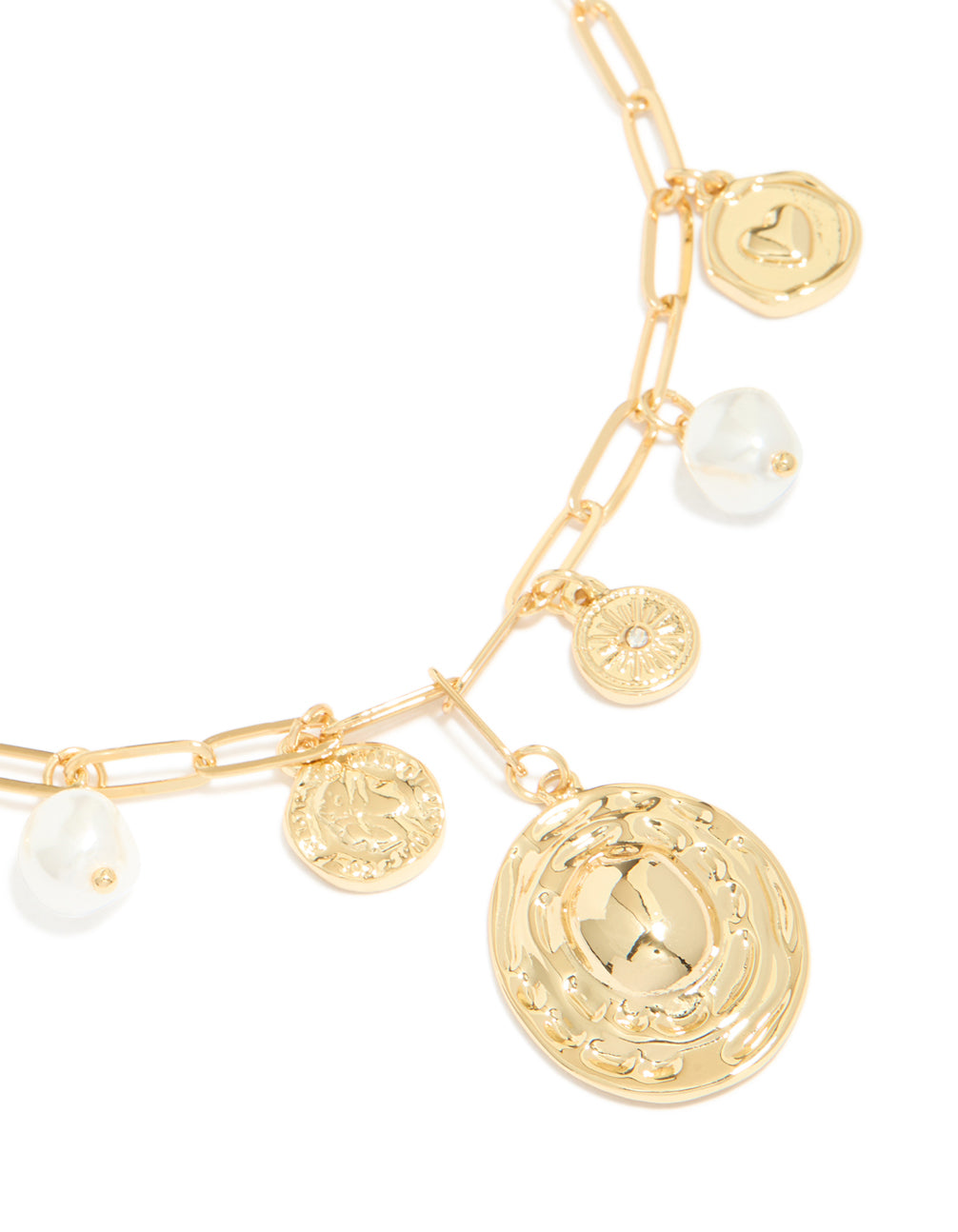 Crafted from gold plated metal, this statement circle charm chain necklace features pearl, sun and coin pendant details close up view