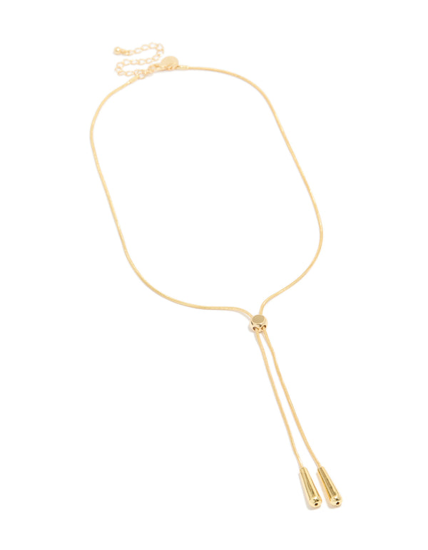 Showcasing a gold plated adjustable teardrop end toggle necklace front view
