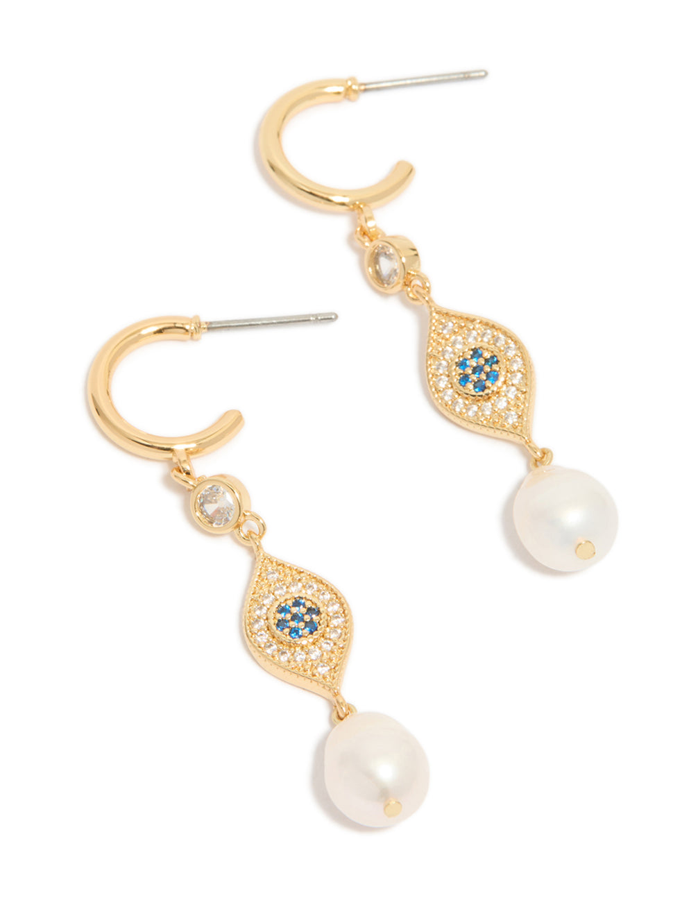 Gold Plated Cubic Zirconia Evil Eye Pearl Drop Earrings