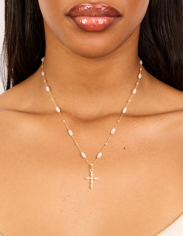 Gold Plated Cubic Zirconia Cross & Pearl Necklace