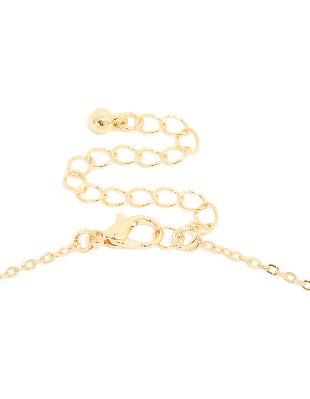 Presenting a gold plated necklace with cubic zirconia flower charm clasp detail view