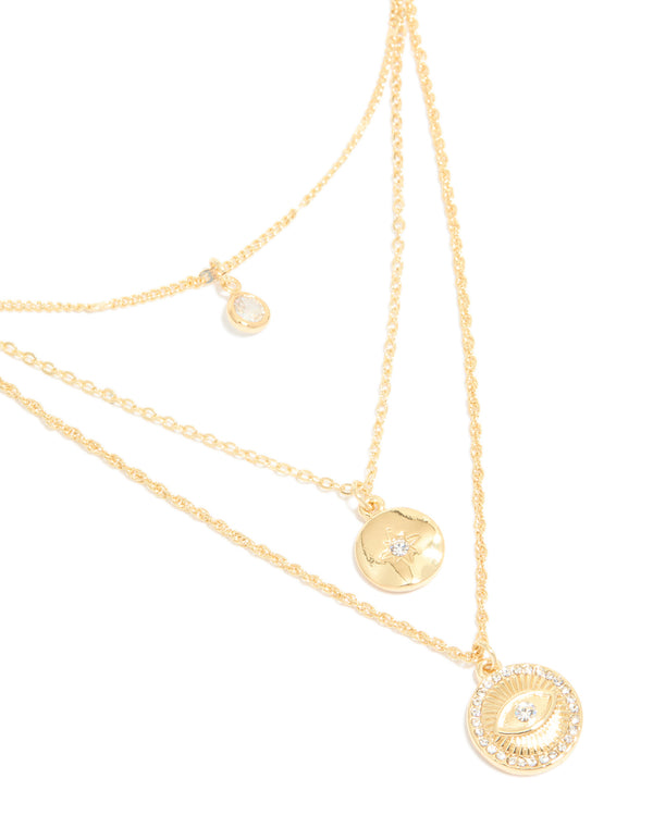 Gold Plated Cubic Zirconia Evil Eye & Circle Layered Necklace