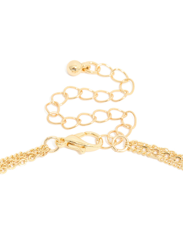 Highlighting the gold plated layered necklace with cubic zirconia, evil eye, and circle pendants clasp detail view