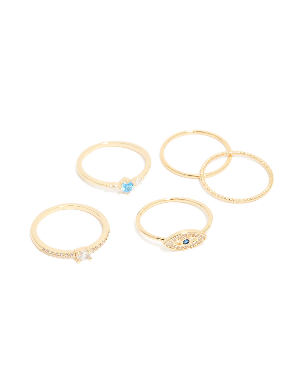 Showcasing a gold plated cubic zirconia and evil eye rings 5-pack featuring with crystal accents front view