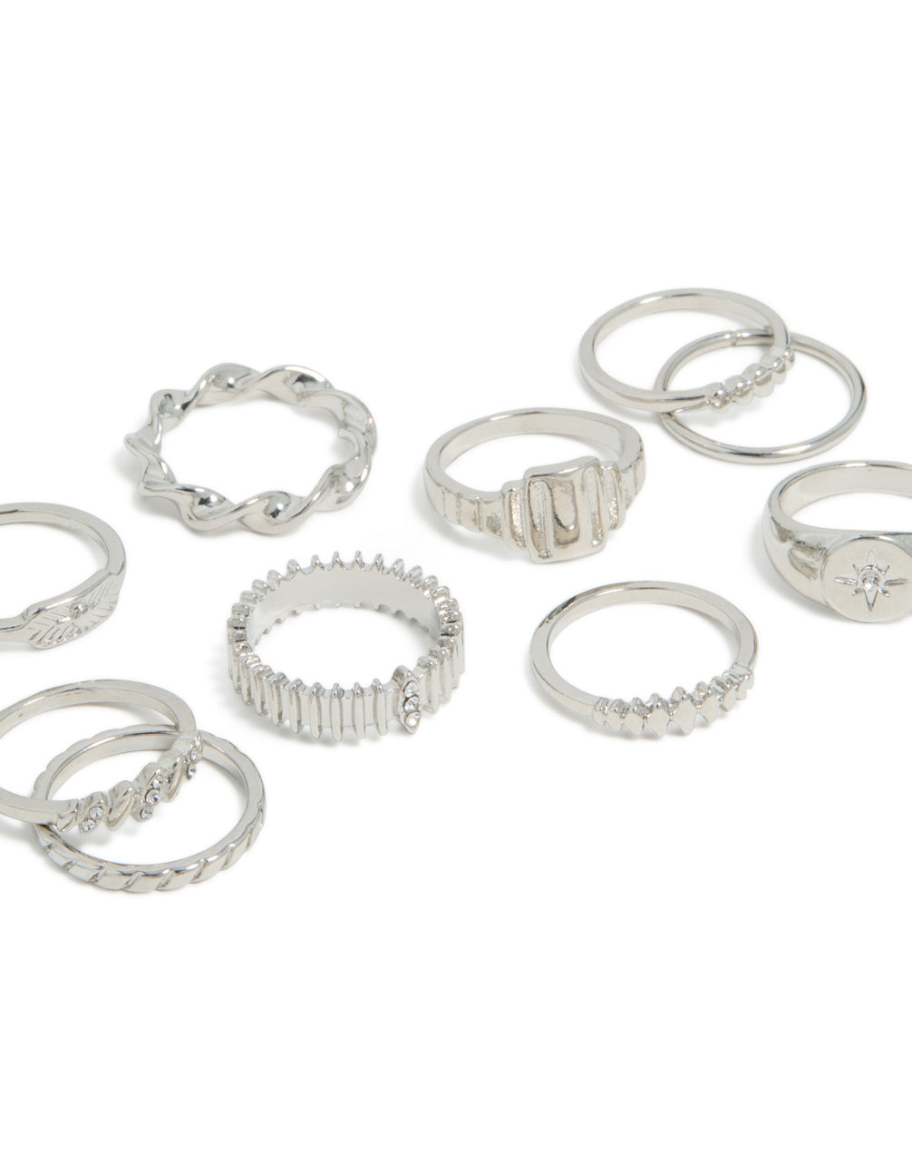 Explore silver signet ribbed and twist rings 10-pack with celestial star accents in statement design detail view