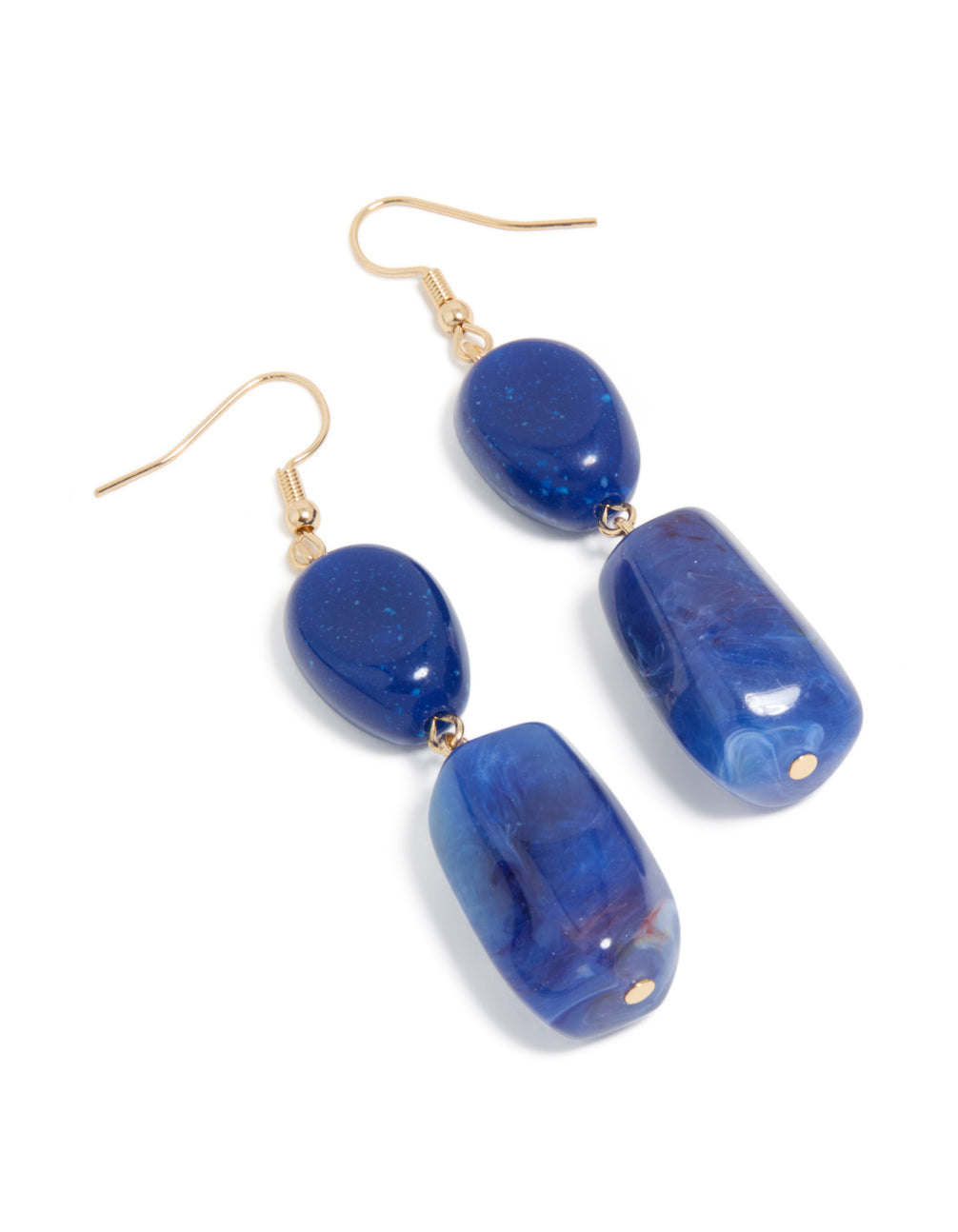 Gold Dark Blue Rectangular Beaded Drop Earrings