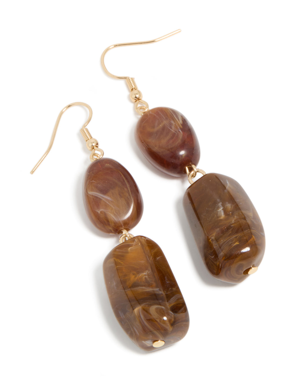 Gold Rectangular Brown Beaded Drop Earrings