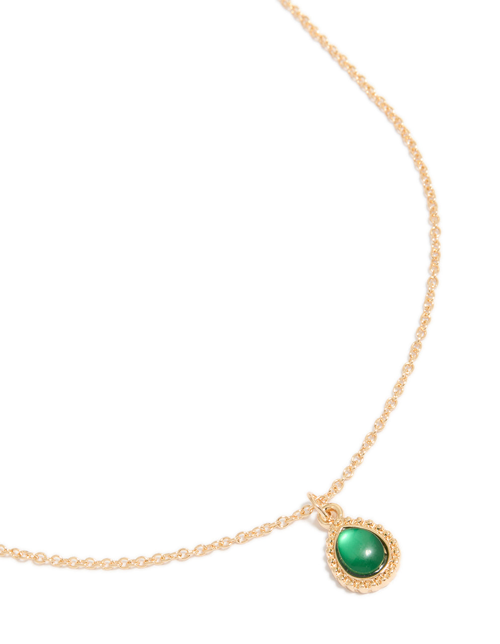 Gold Green Diamante Simple Teardrop Pendant Necklace