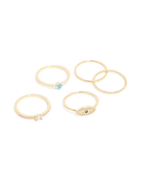 Gold Plated Cubic Zirconia & Evil Eye Rings 5-Pack