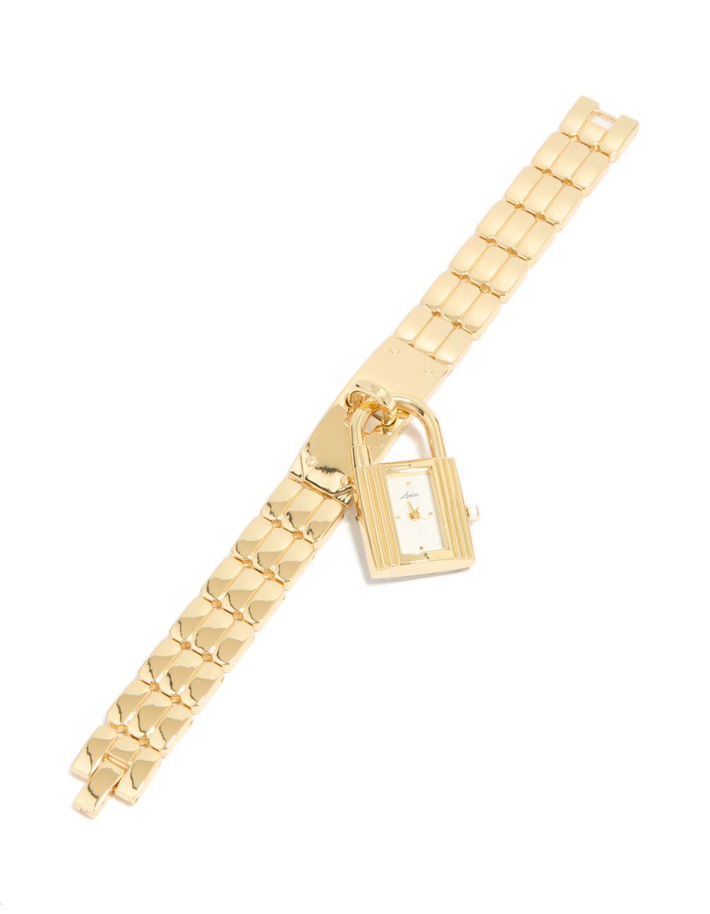 Beautifully styled, this padlock watch bracelet with white dial, rectangle shape, women's analog timepiece featuring link band strap in gold for casual occasions, statement style front view