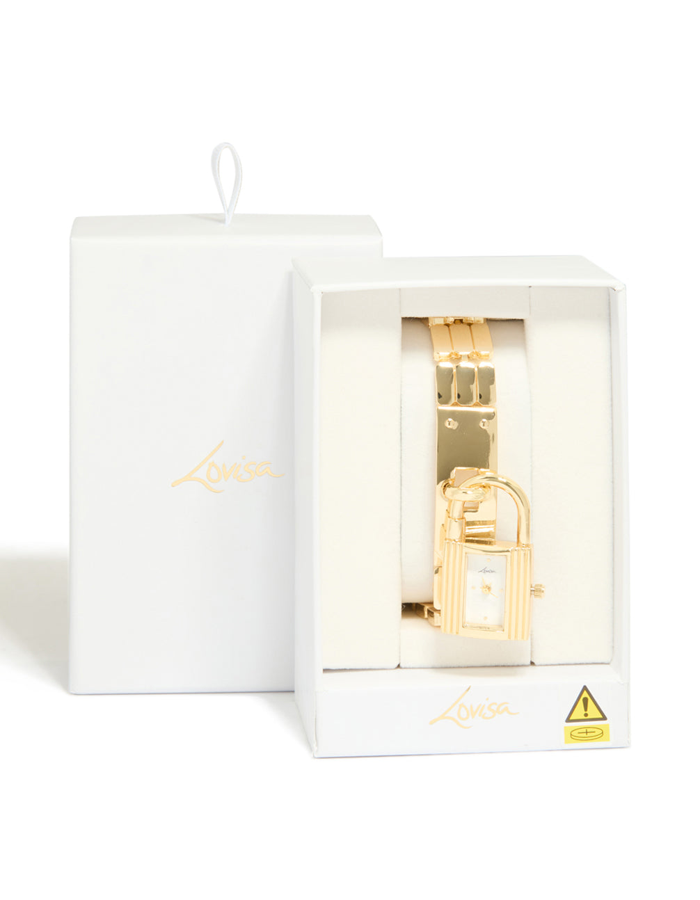 Elegant padlock watch bracelet with white dial, rectangle shape, women's analog timepiece featuring link band strap in gold for casual occasions, statement style case detail view