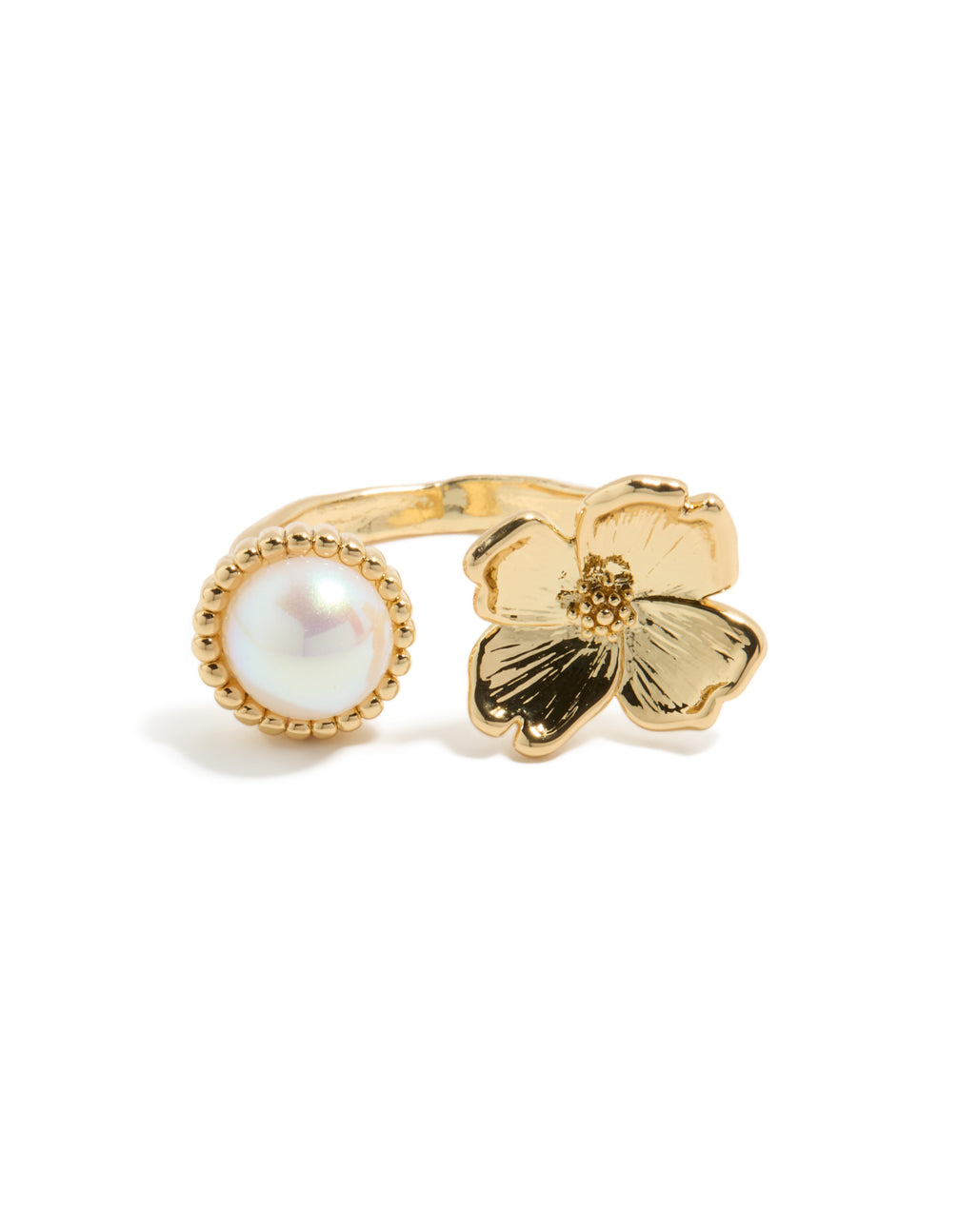 Stunning gold plated ring featuring pearl and floral in statement style side detail view
