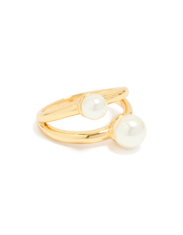 Showcasing waterproof gold plated stainless steel pearls split band ring front view
