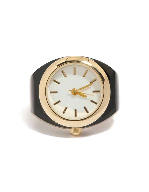 Bold ring watch crafted with white dial round shape women's casual analog design in gold case detail view