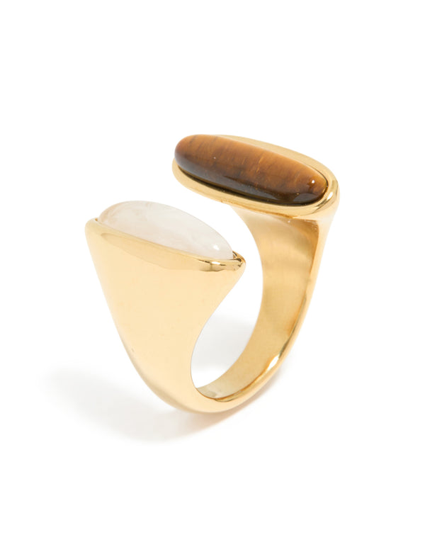 Waterproof Gold Plated Stainless Steel Open Double Stone Ring