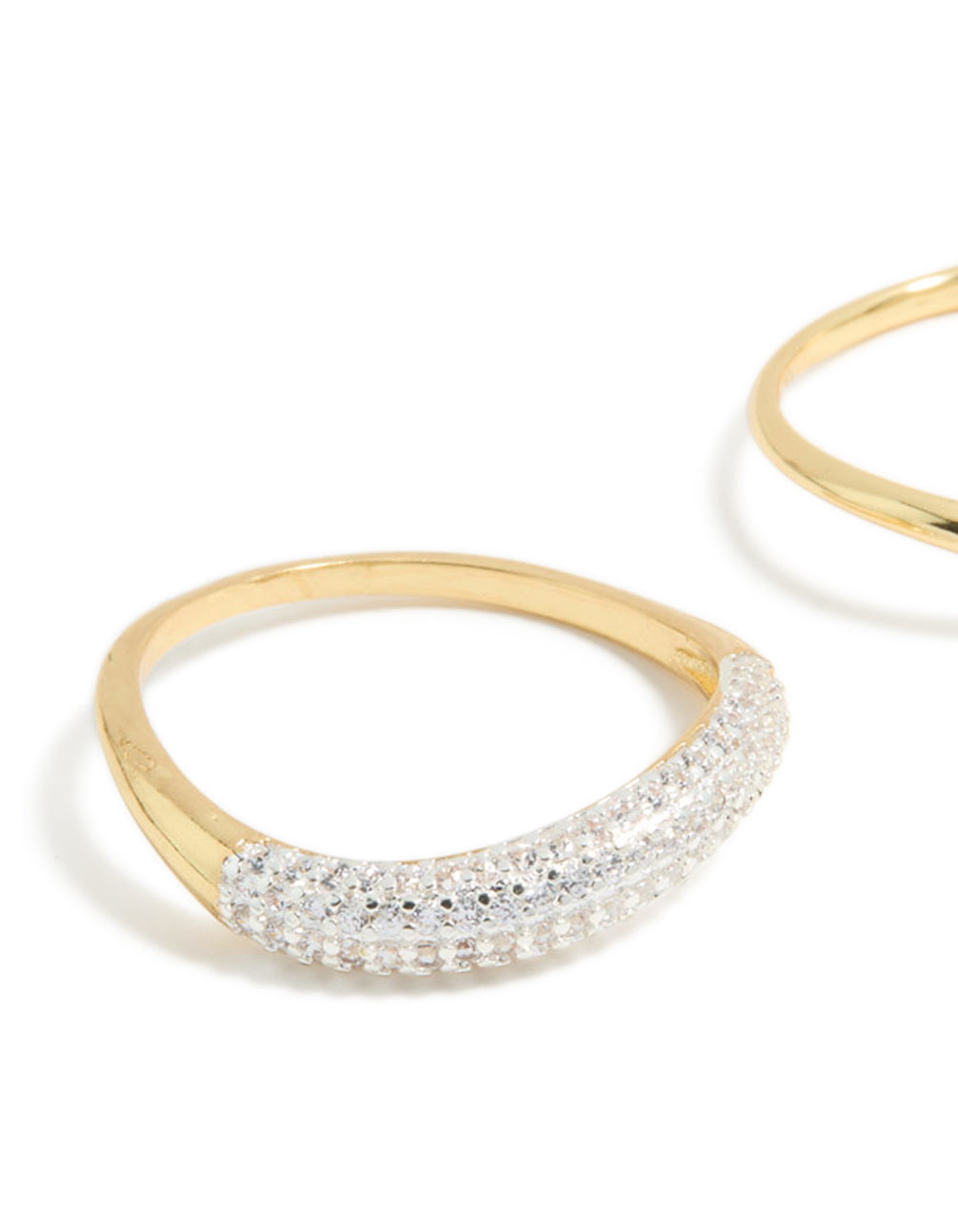Featuring gold plated simple and wavy cubic zirconia stacking rings in a 2-pack with dainty styling front view
