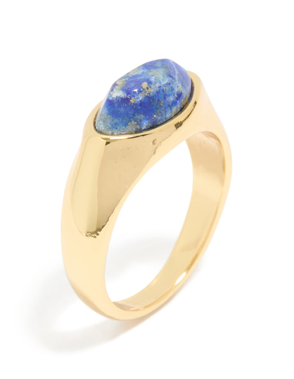 Featuring a gold plated blue and white moody stone ring in royal blue and light blue tones with statement design side detail view