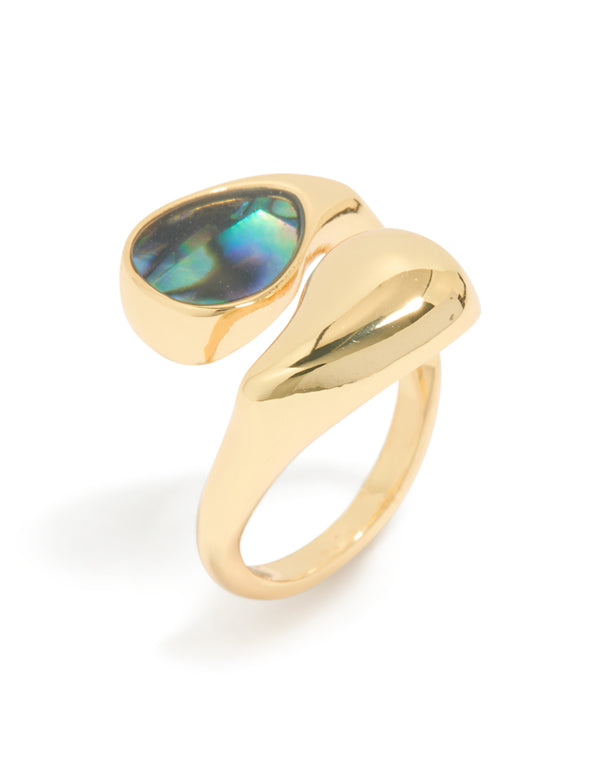 Crafted from gold plated metal, chunky wrap ring featuring blue and green marbled bar stone with ocean-inspired design and statement style front view