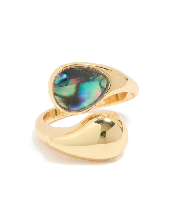 Highlighting the gold plated chunky wrap ring with blue and green marbled bar stone featuring ocean-inspired design and statement style side detail view