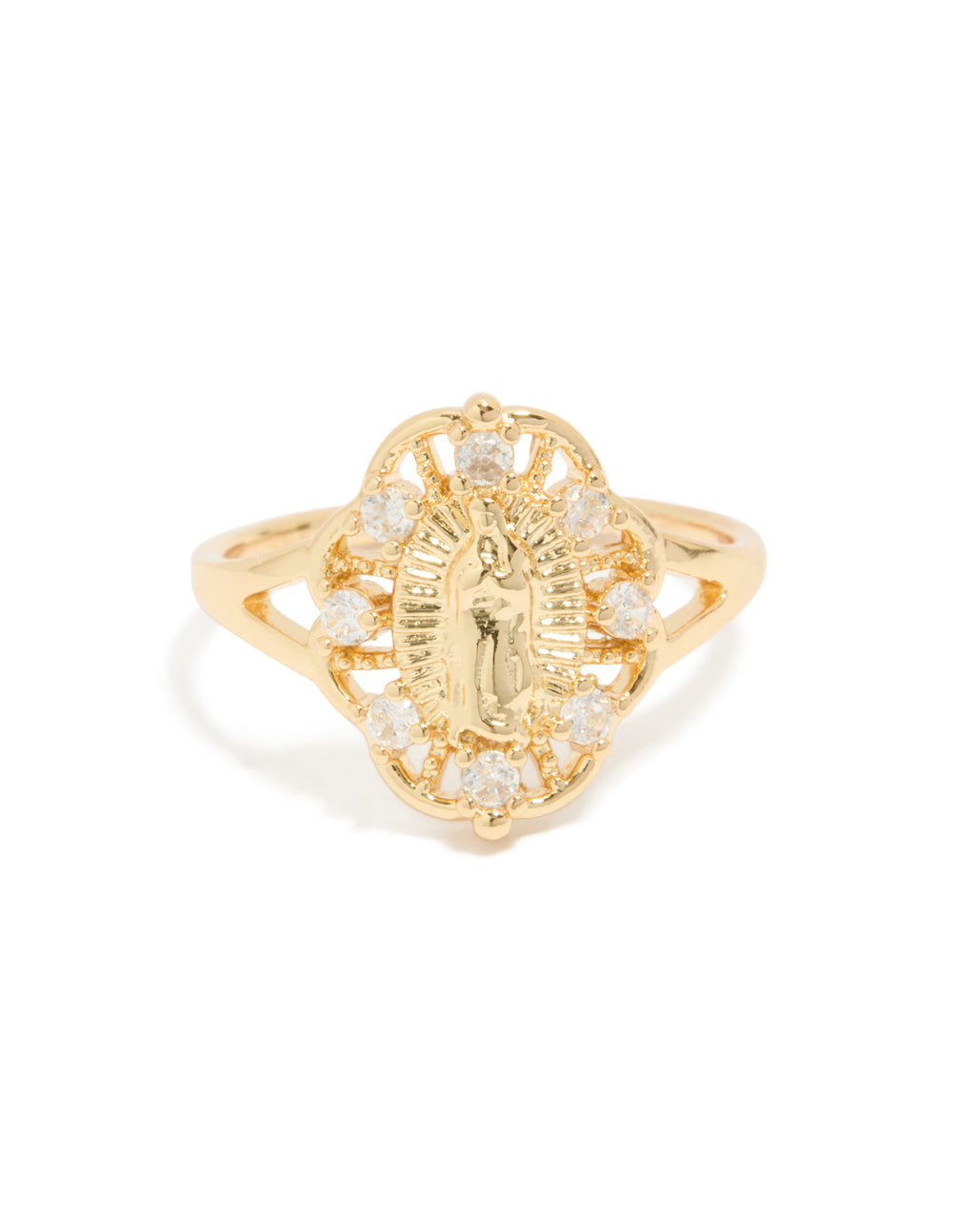 Designed with gold plated diamante Mother Mary motif featuring in statement style front view