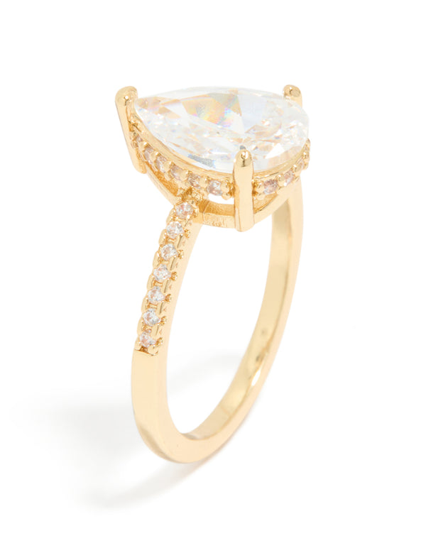 Gold Plated Solitaire Pear Cubic Zirconia Textured Ring