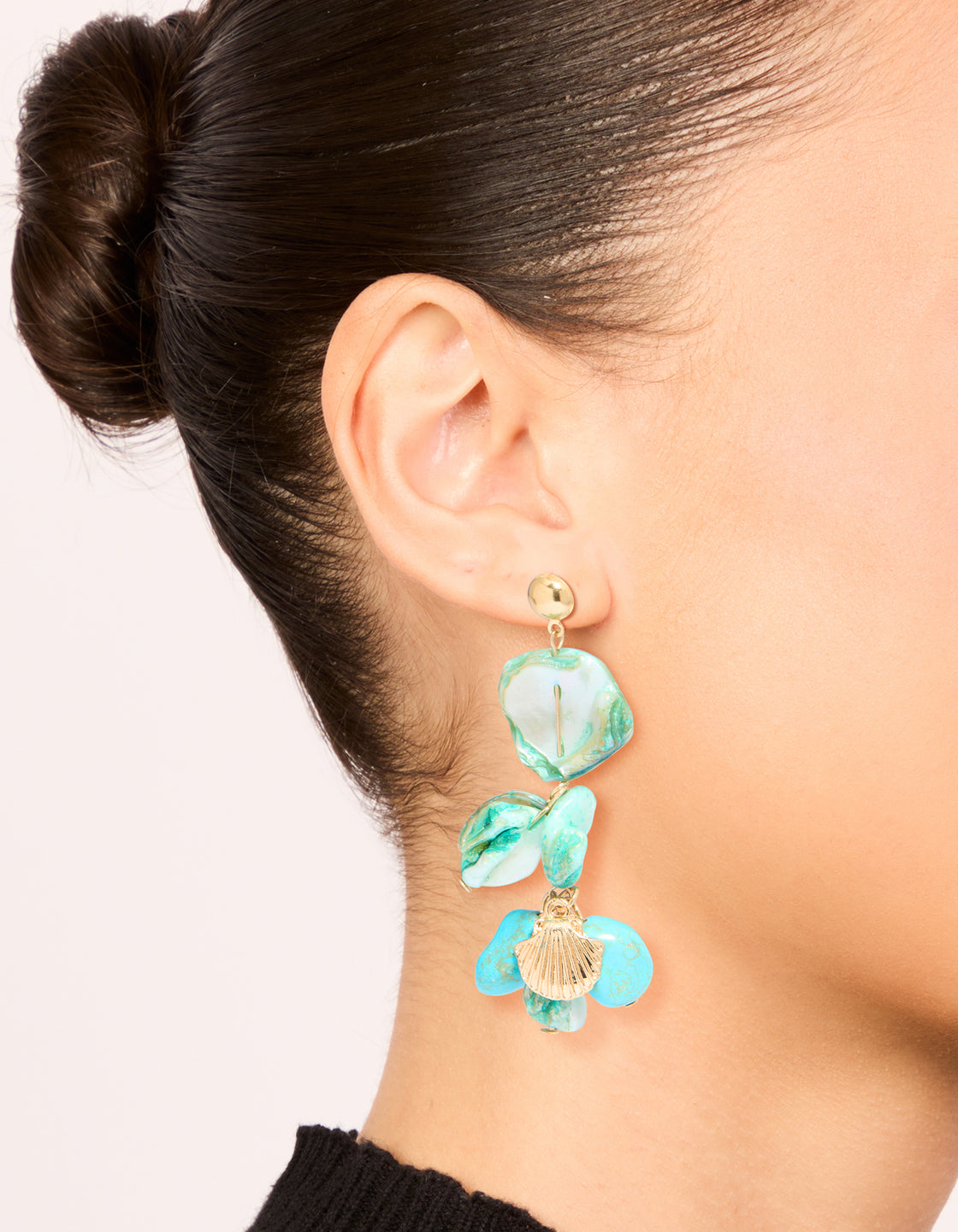 Gold Blue Genuine Shell Disc Layered Drop Earrings