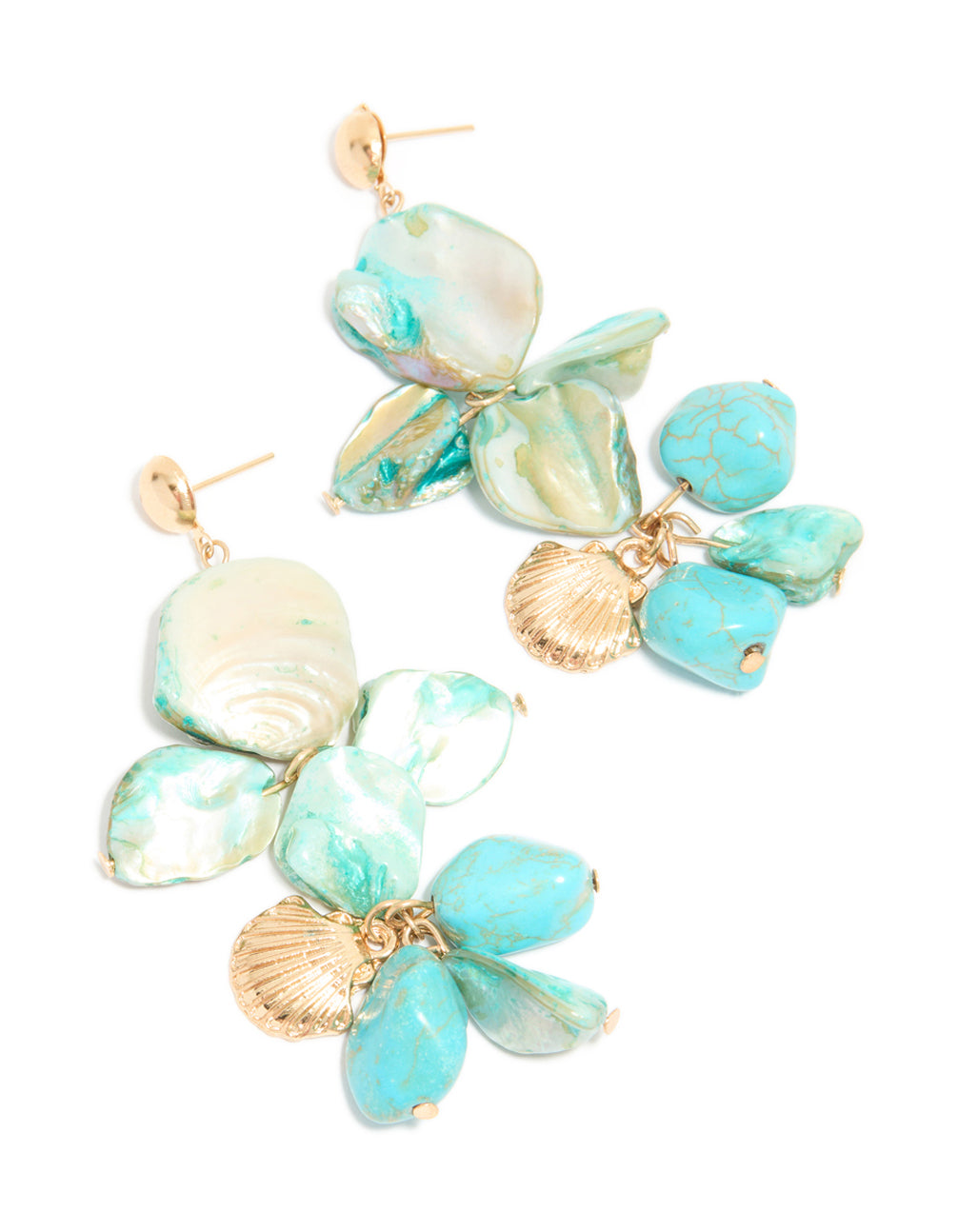 Gold Blue Genuine Shell Disc Layered Drop Earrings