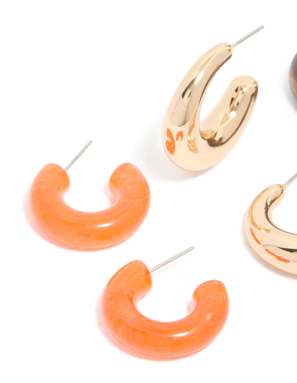 Gold Orange Acrylic & Wood Hoop Earrings 3-Pack