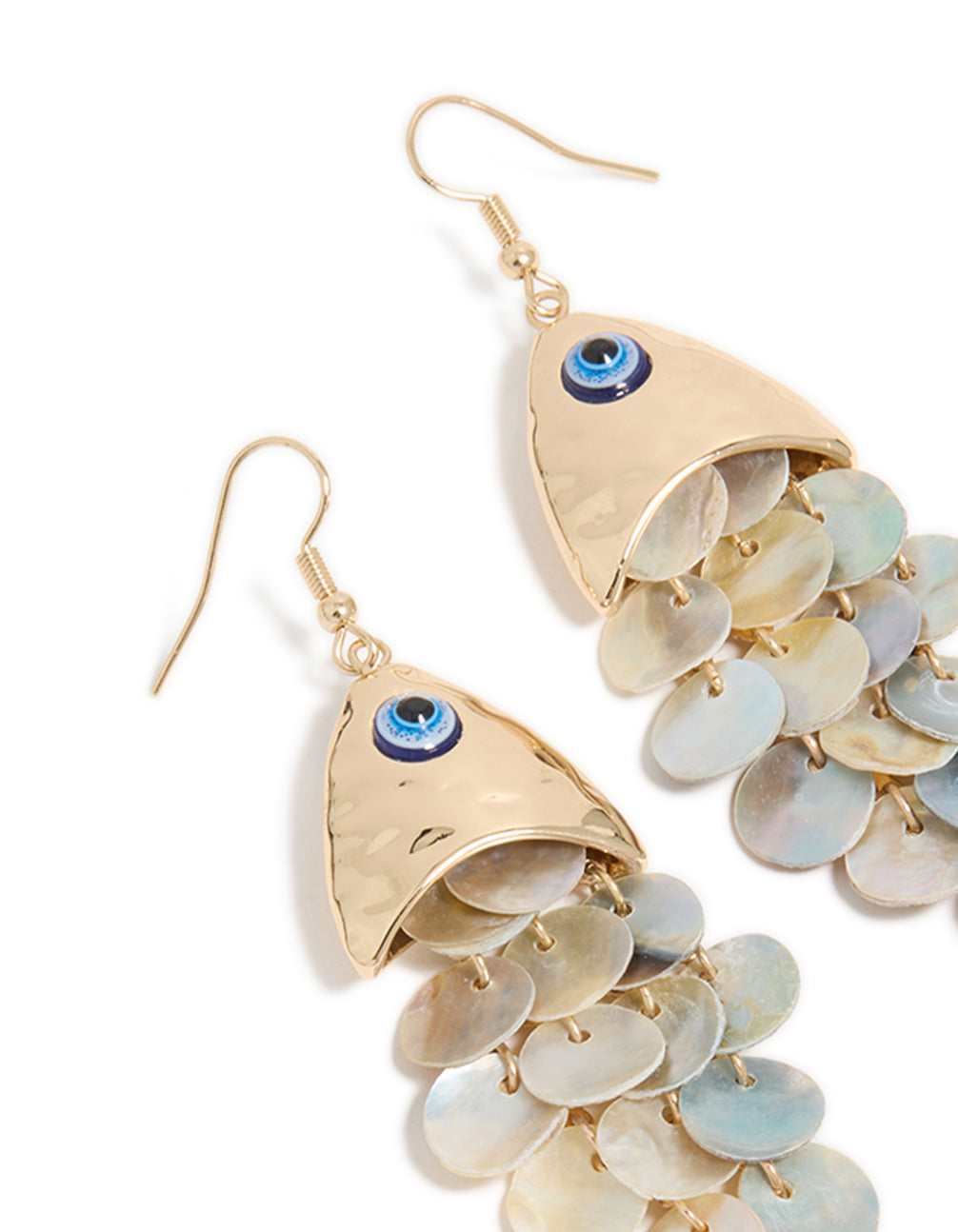 Featuring gold evil eye fish drop earrings with animal and ocean inspired charm in statement style close up view