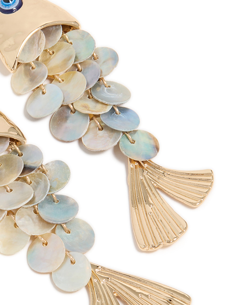 Elegant gold evil eye fish drop earrings with animal and ocean inspired charm in statement style post detail view