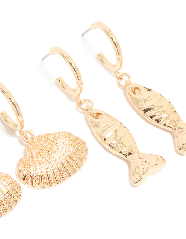 Gold Sea Life Huggie Earrings 3-Pack