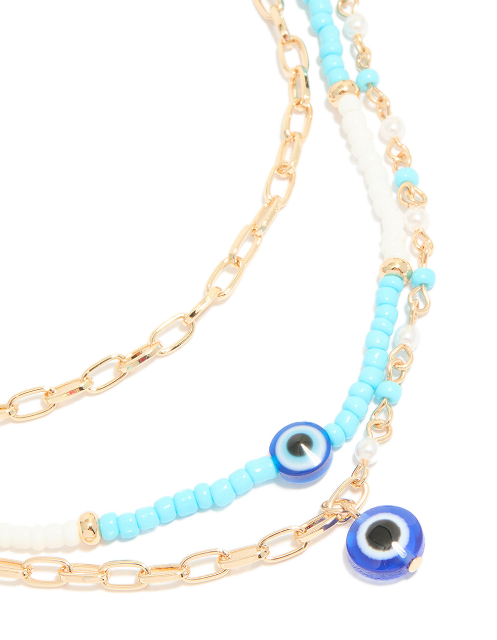 Gold Blue Beaded Evil Eye Triple Layered Necklace