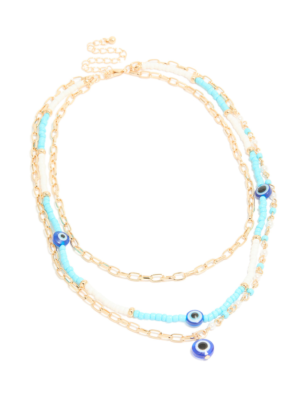 Gold Blue Beaded Evil Eye Triple Layered Necklace