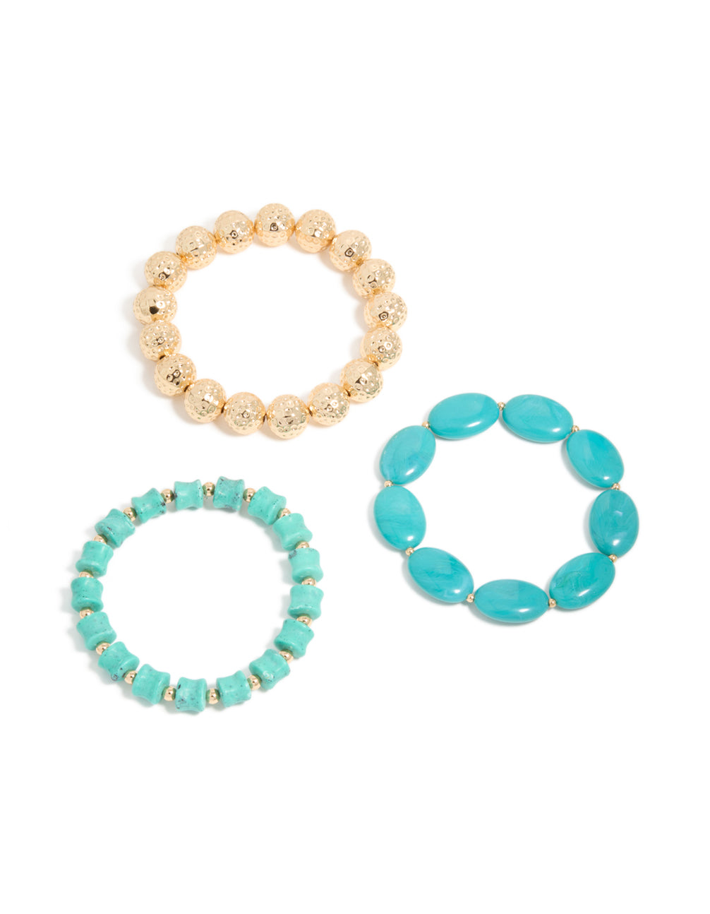 Featuring beaded stretch bracelets with turquoise material, and balls in a 3-pack front view