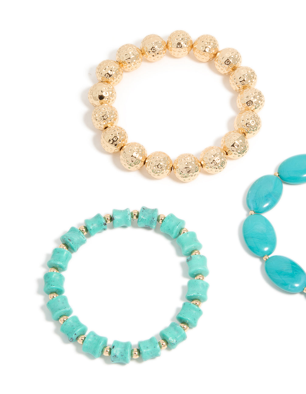 Showcasing beaded stretch bracelets crafted from turquoise with balls in a 3-pack close up view