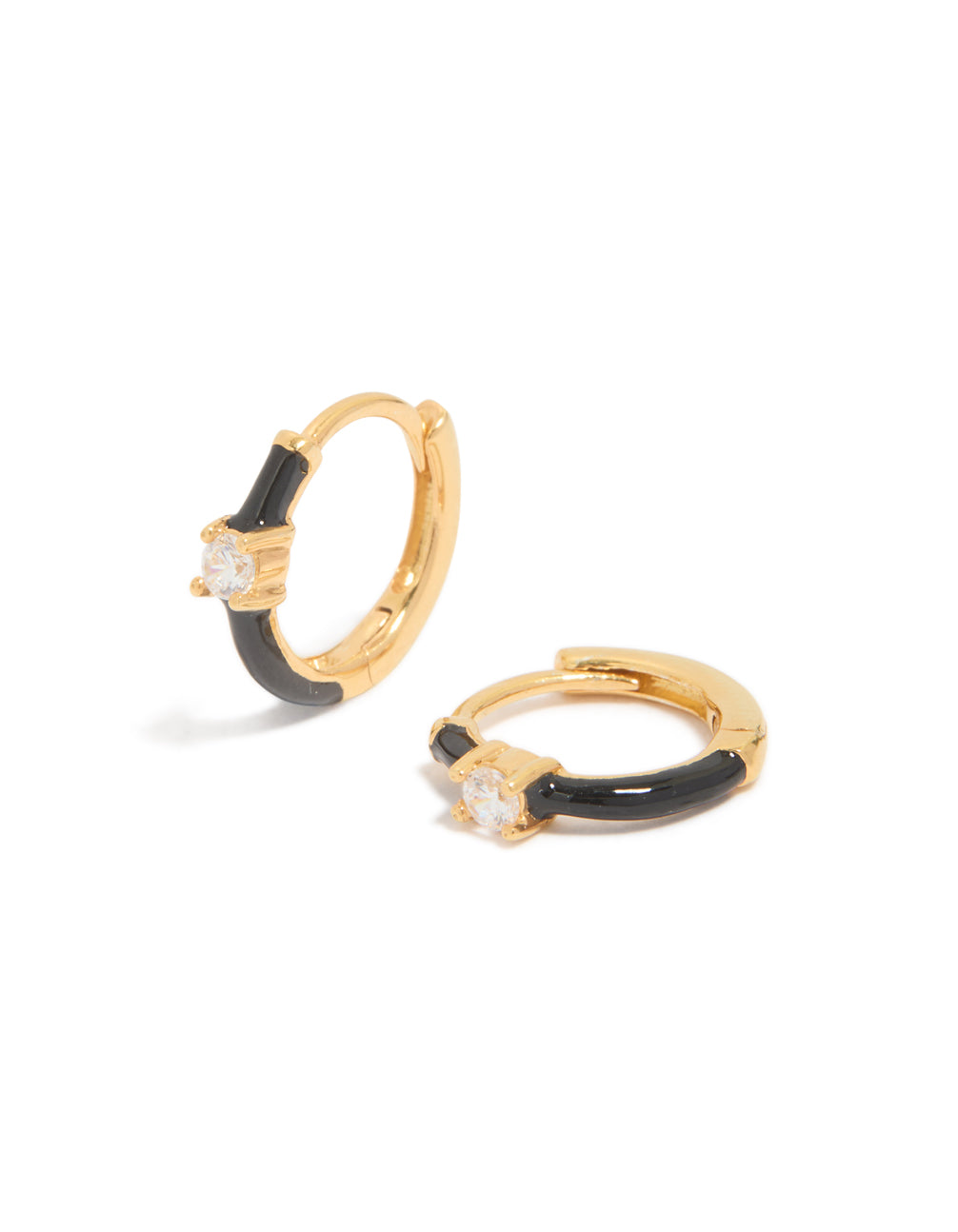 Gold Plated Sterling Silver Cubic Zirconia & Black Enamel Huggie Earrings