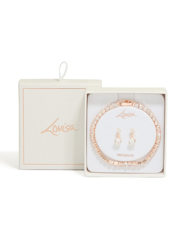 Rose Gold Plated Round Cubic Zirconia Drop Earrings & Tennis Bracelet Set
