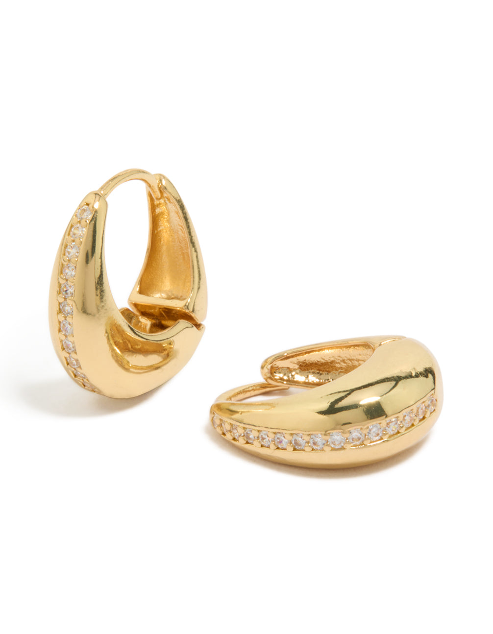 Beautifully crafted gold plated brass cubic zirconia teardrop huggie earrings front view