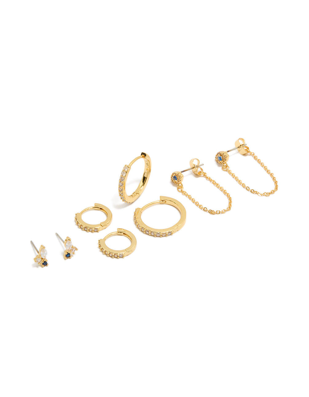 Showcasing a 4-pack of gold plated brass blue cubic zirconia evil eye chain and huggie earrings with crystal accents front view
