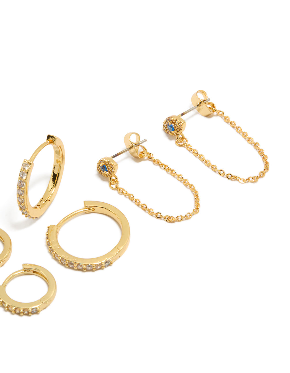 Designed with gold plated brass, blue cubic zirconia evil eye chain and huggie earrings 4-pac with, crystal features post detail view