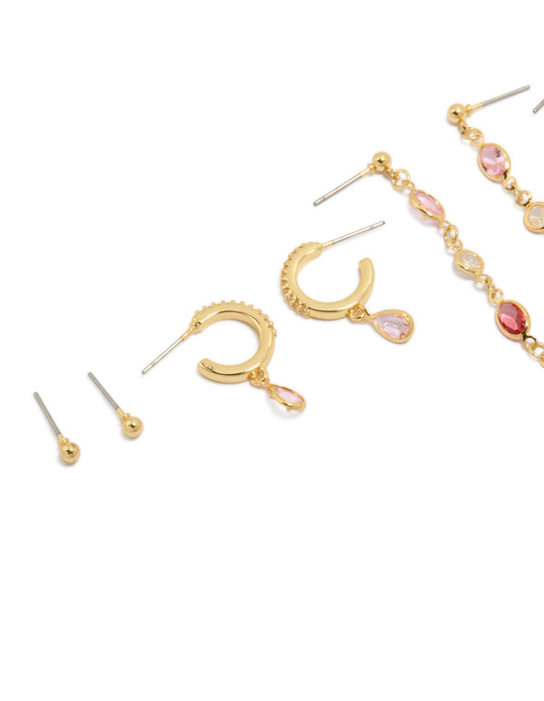 Gold Plated Brass Multicoloured Diamantes Drop & Stud Earrings 4-Pack