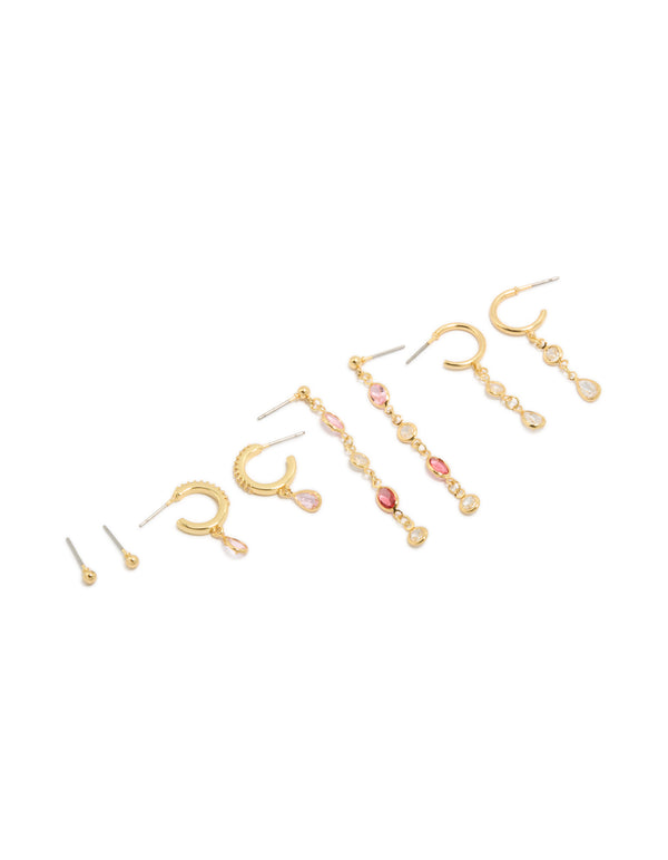 Gold Plated Brass Multicoloured Diamantes Drop & Stud Earrings 4-Pack