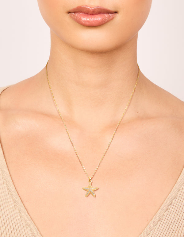 Gold Plated Brass Pavé Cubic Zirconia Starfish Pendant Necklace