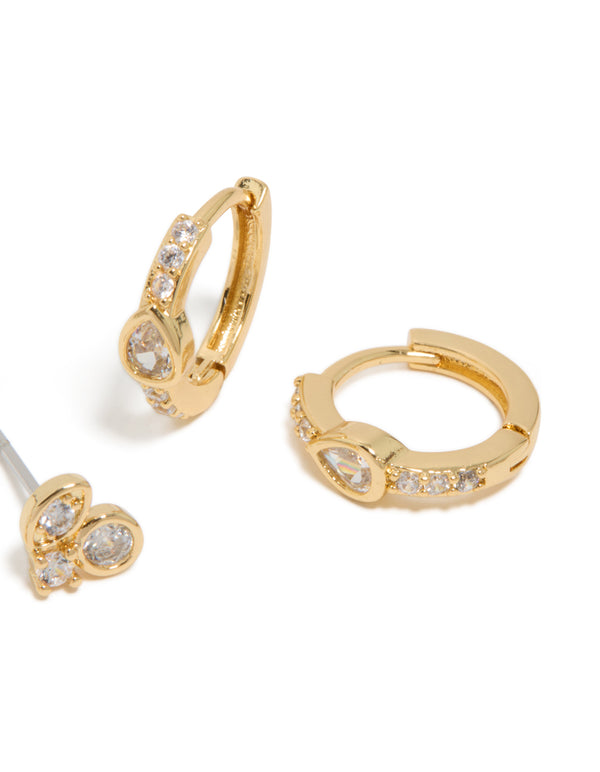 Gold Plated Cubic Zirconia Trio Stud & Huggie Earrings 2-Pack