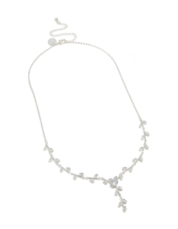 Highlighting a silver plated cubic zirconia dainty vine spaced necklace crafted with leaf motifs front view