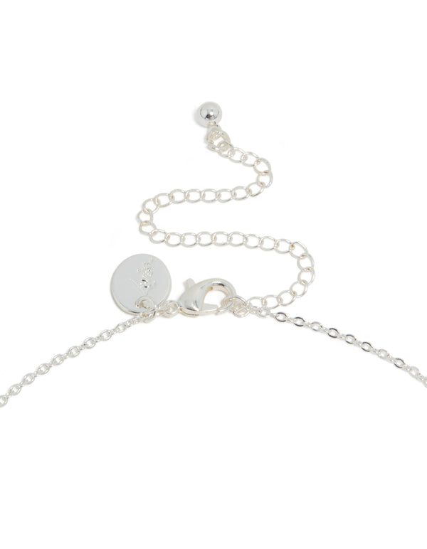 Displaying a silver plated cubic zirconia dainty vine spaced necklace with leaf design clasp detail view