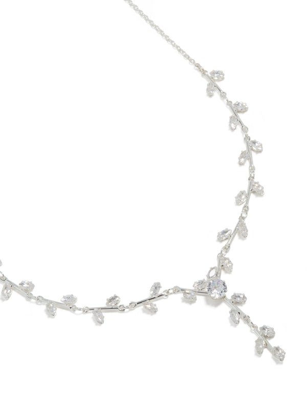 Silver Plated Cubic Zirconia Dainty Vine Spaced Necklace