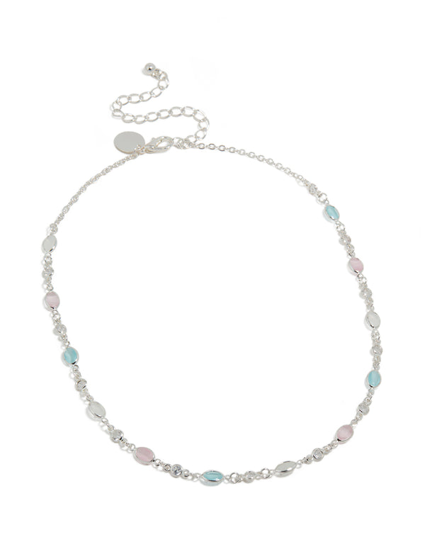 Discover this silver plated pink and blue cubic zirconia mixed oval necklace front view