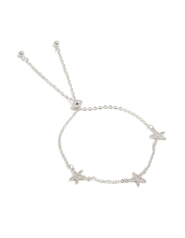 Showcase your ocean-inspired style with this silver plated cubic zirconia pave starfish charm toggle bracelet front view