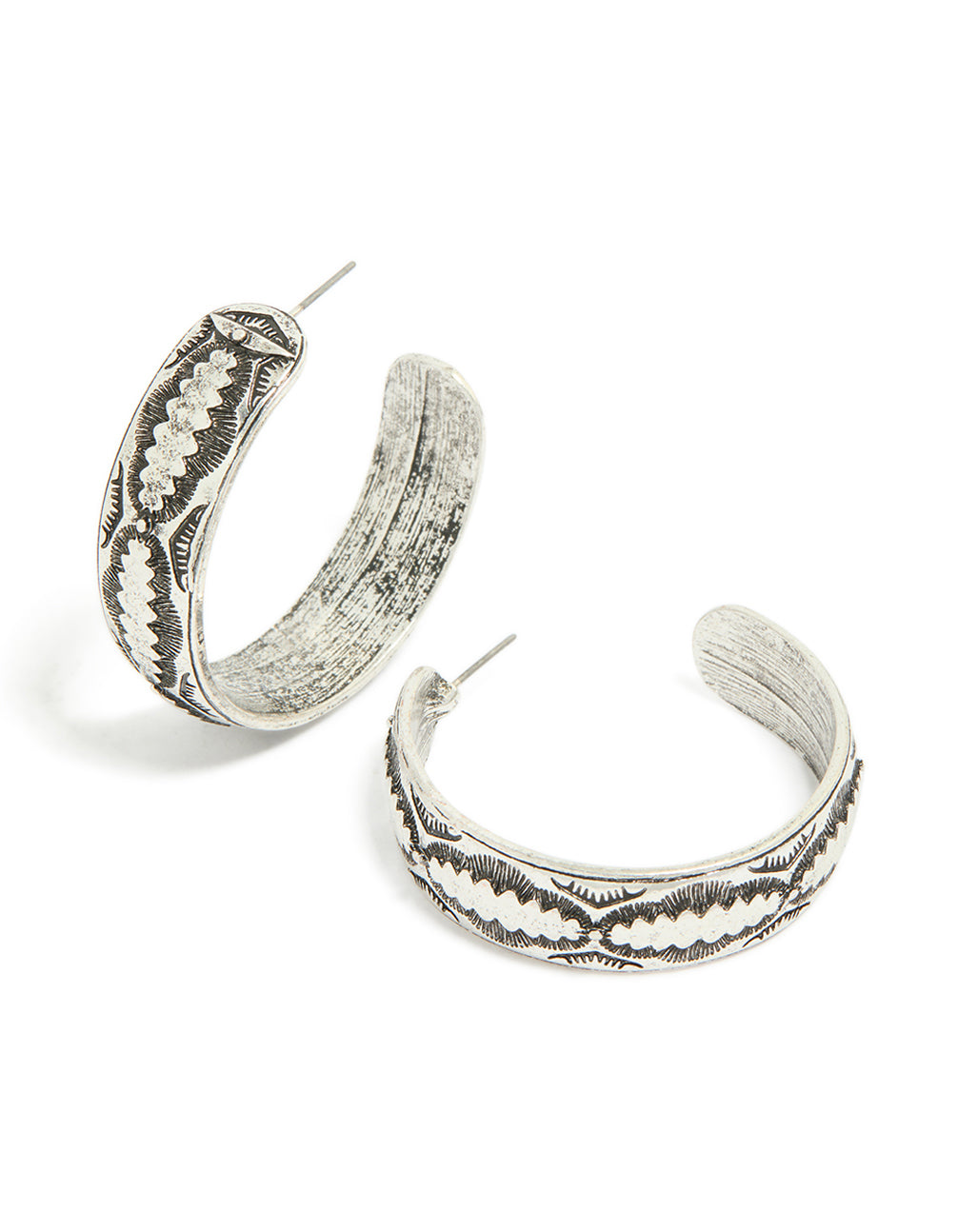 Beautifully crafted antique silver textured hoop earrings with intricate engraved detailing in front view